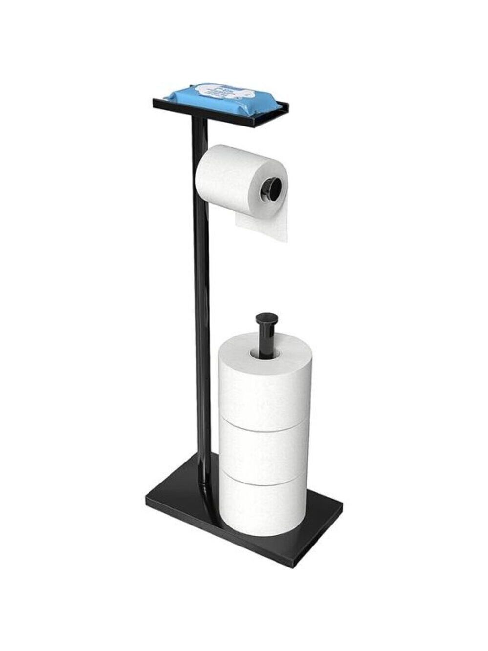 Black Toilet Paper Holder Stand with Shelf Free Standing Bathroom Storage Rack